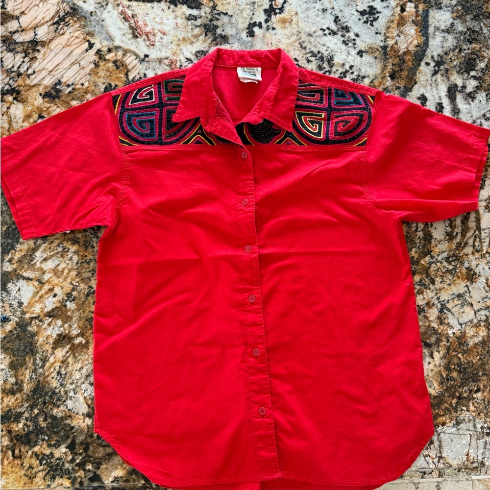 Red   authentic Panama Short Sleeve Shirt with Geometric Pattern